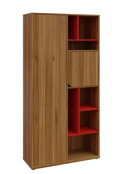 KSR6-83 L skříň šatní, 1x výsuvné ramínko, dvířka, niky, 2053x1022x400 mm, provedení levé, korpus a dvířka ořech světlý/police červená